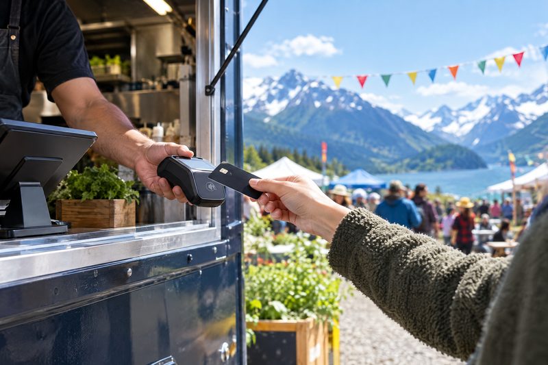 Food truck window at a summer fair with mountains behind