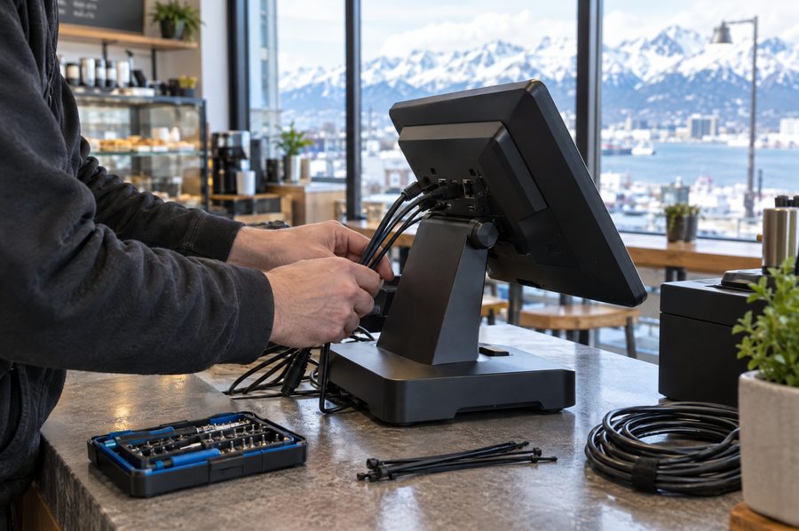 Technician connecting a point-of-sale station on a cafe counter